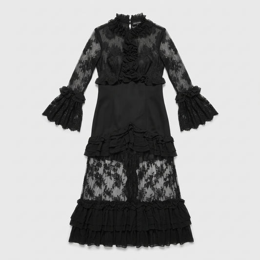Black Ruffled Lace Midi Dress