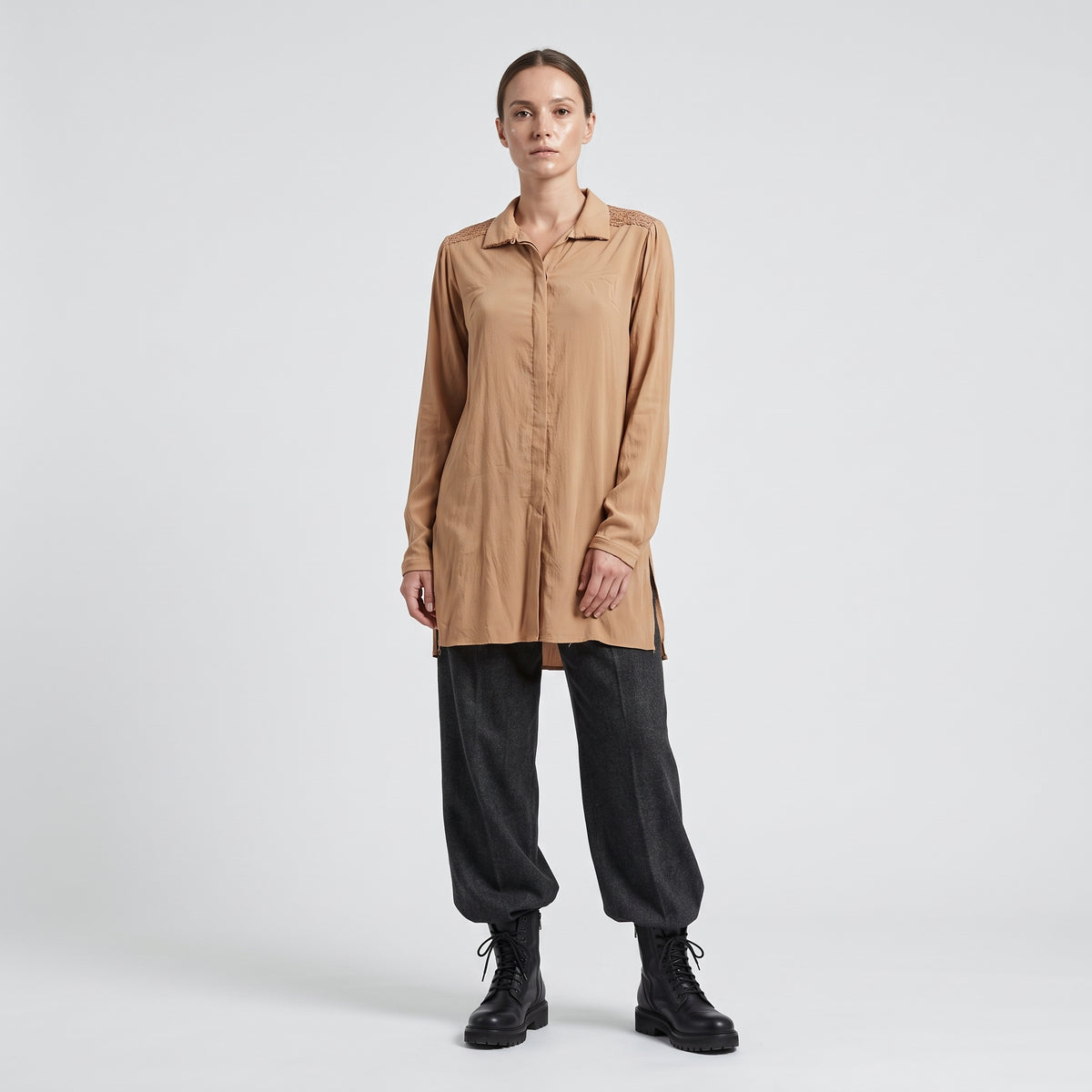 Lace Detail Camel Long Shirt