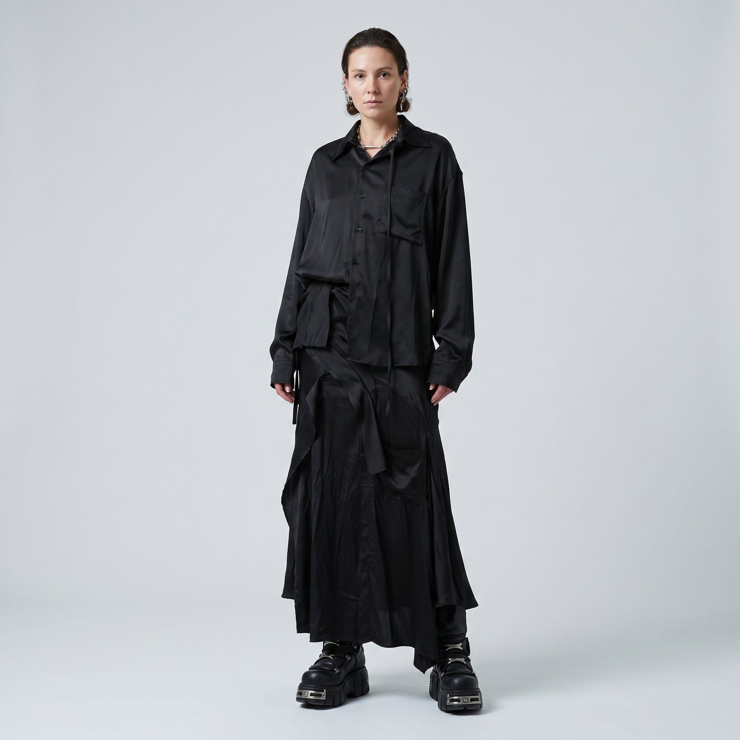 Draped Satin Shirt Dress