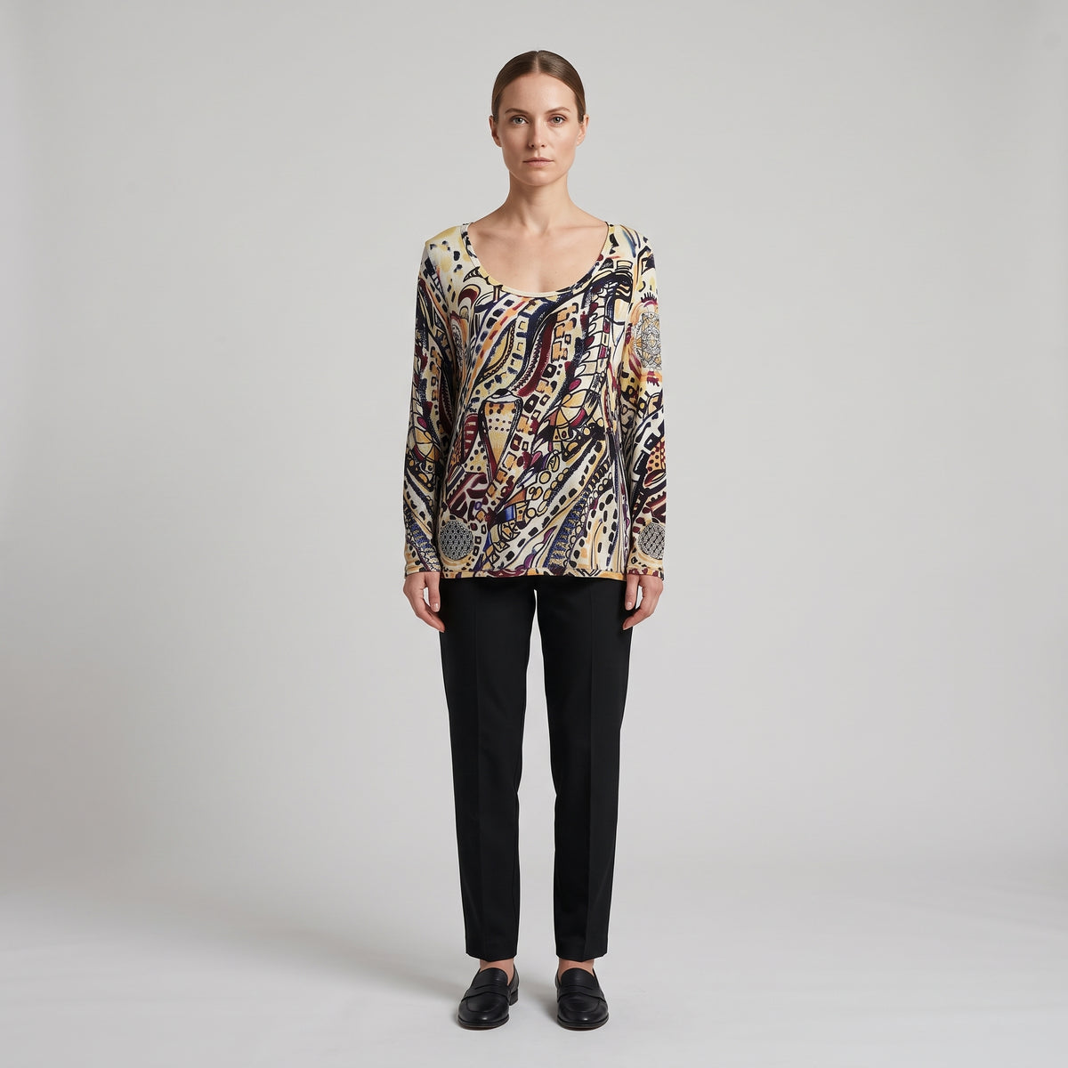 Abstract Printed Viscose Long-Sleeve Top