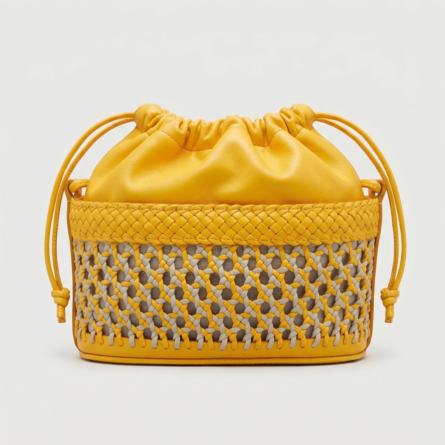 Woven Leather Drawstring Bucket Bag