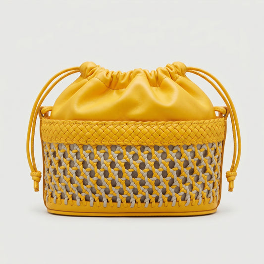 Woven Leather Drawstring Bucket Bag