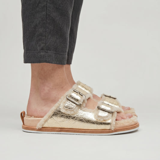 Metallic Shearling Double Strap Sandals