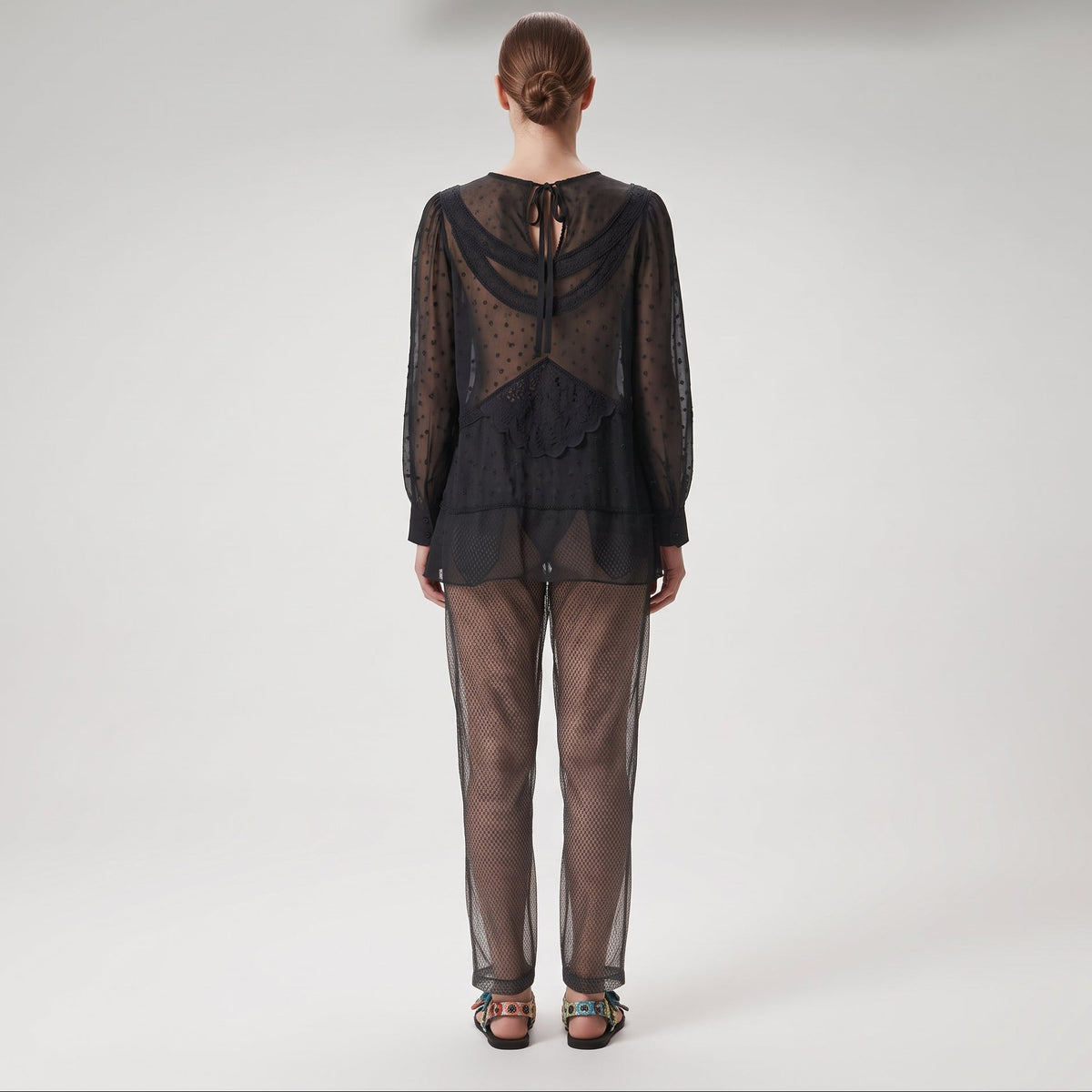 Embroidered Sheer Long Sleeve Blouse