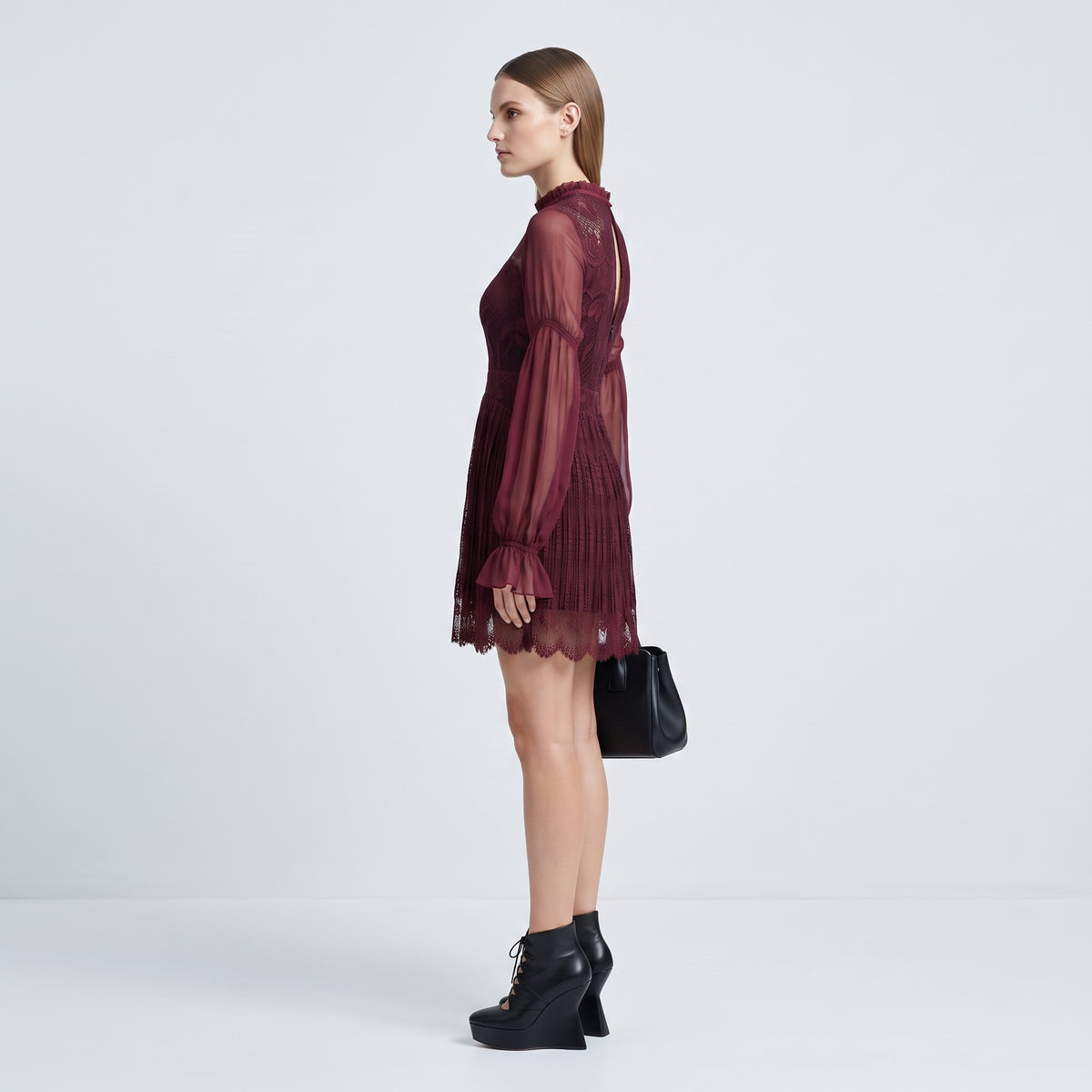 Burgundy Embroidered Lace Mini Dress