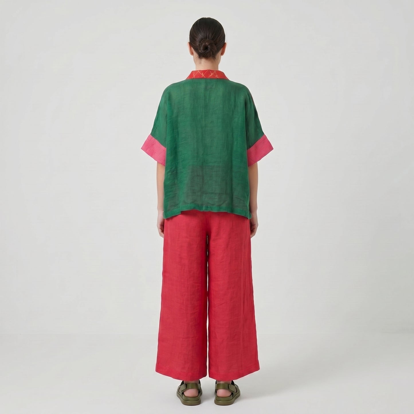 Colorblock Printed Linen Button-Up