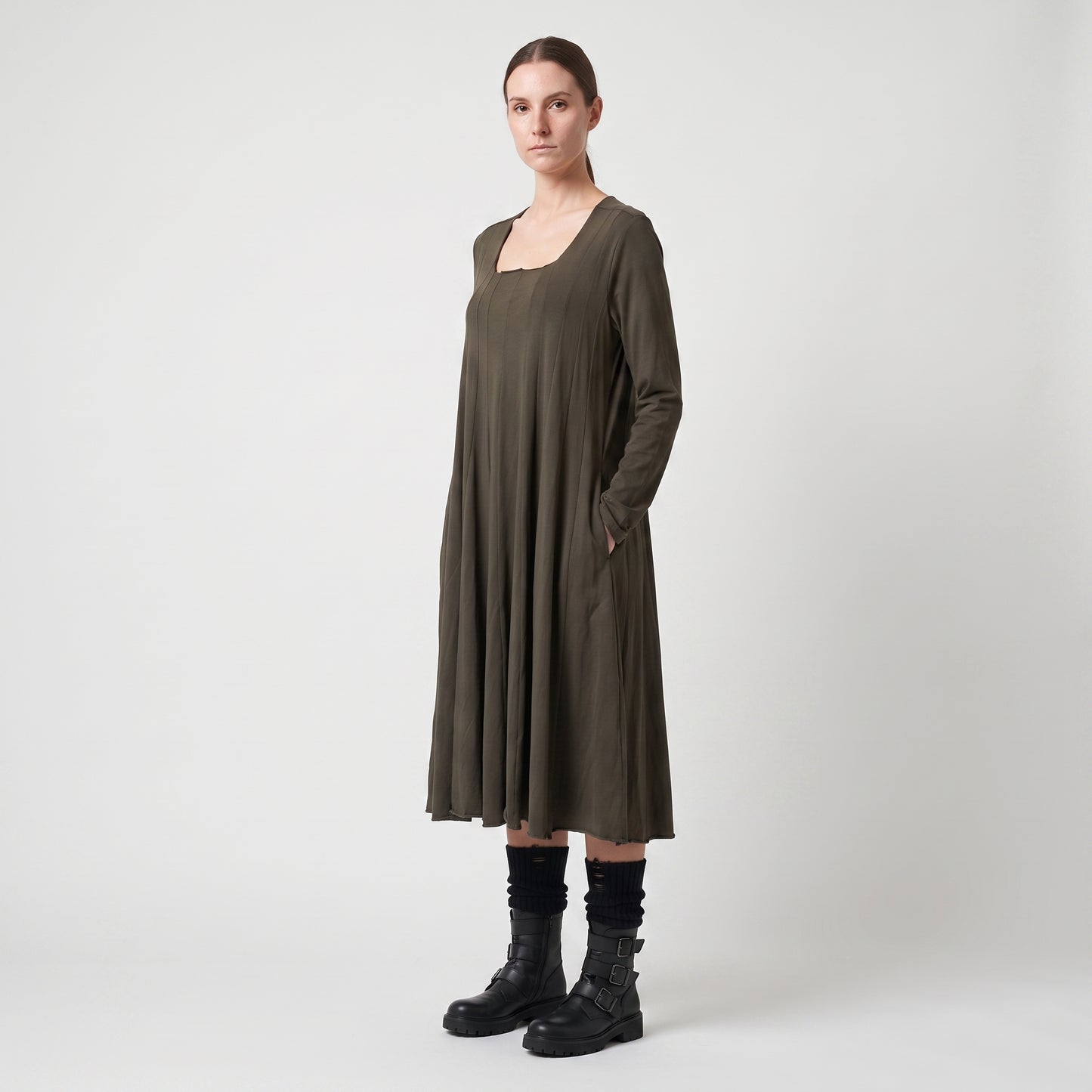 Paneled Long Sleeve Swing Dress