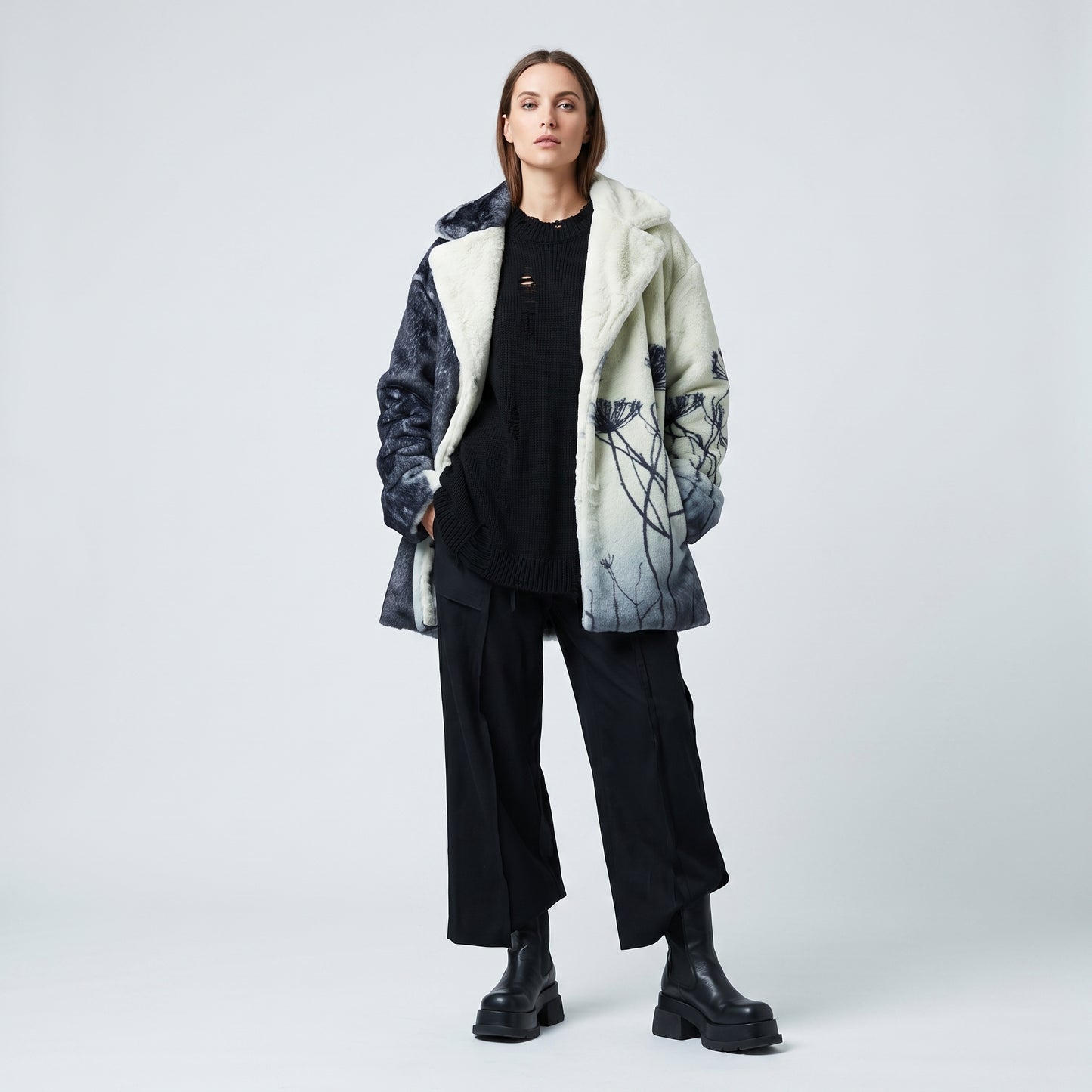 Two-Tone Printed Faux Fur Coat