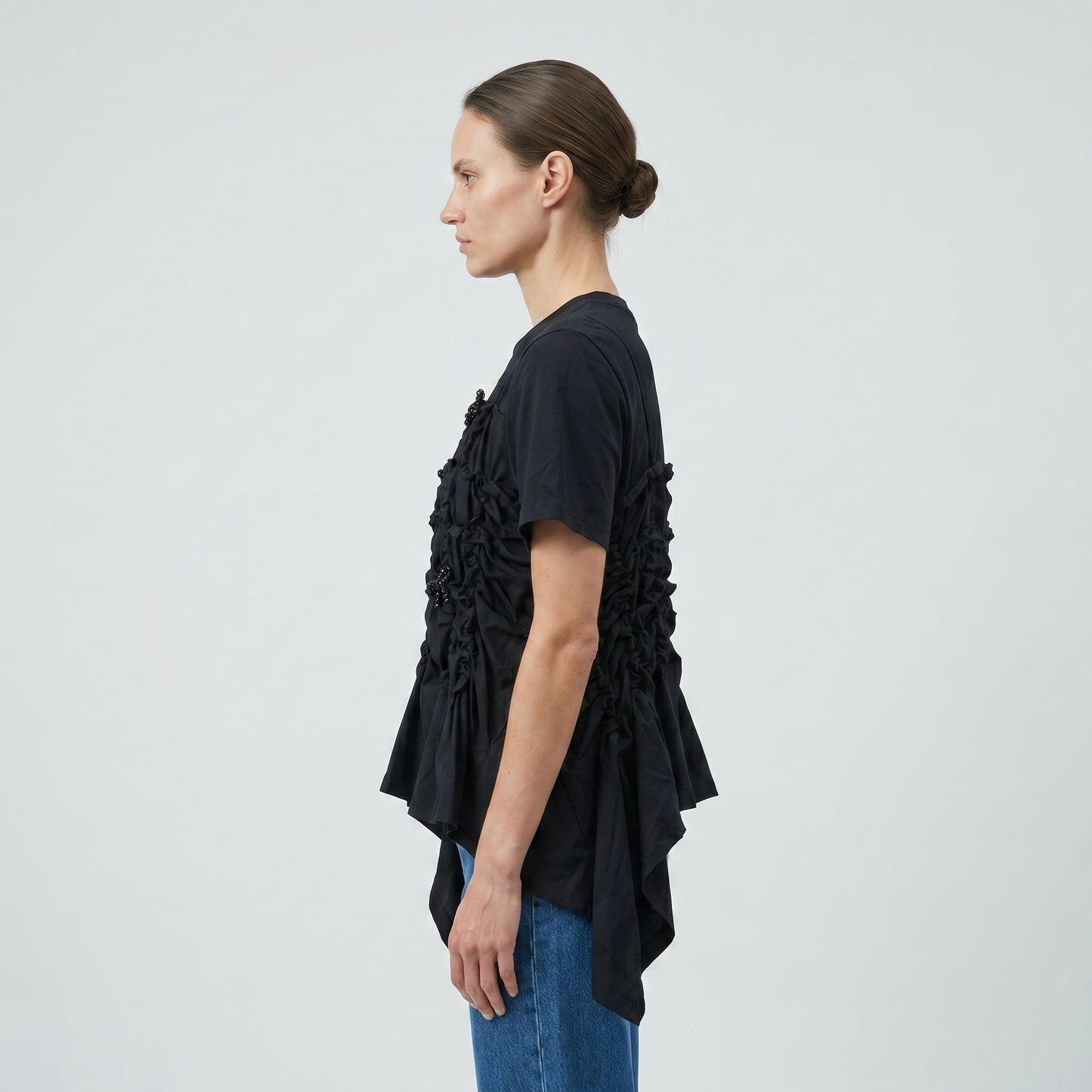 Ruched Bow Embellished Cotton Tee