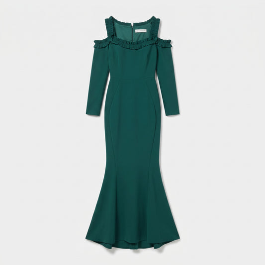 Emerald Ruffle Cold-Shoulder Gown