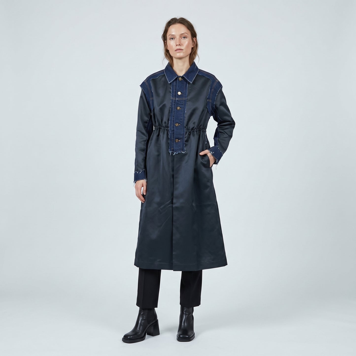 Satin and Denim Hybrid Coat