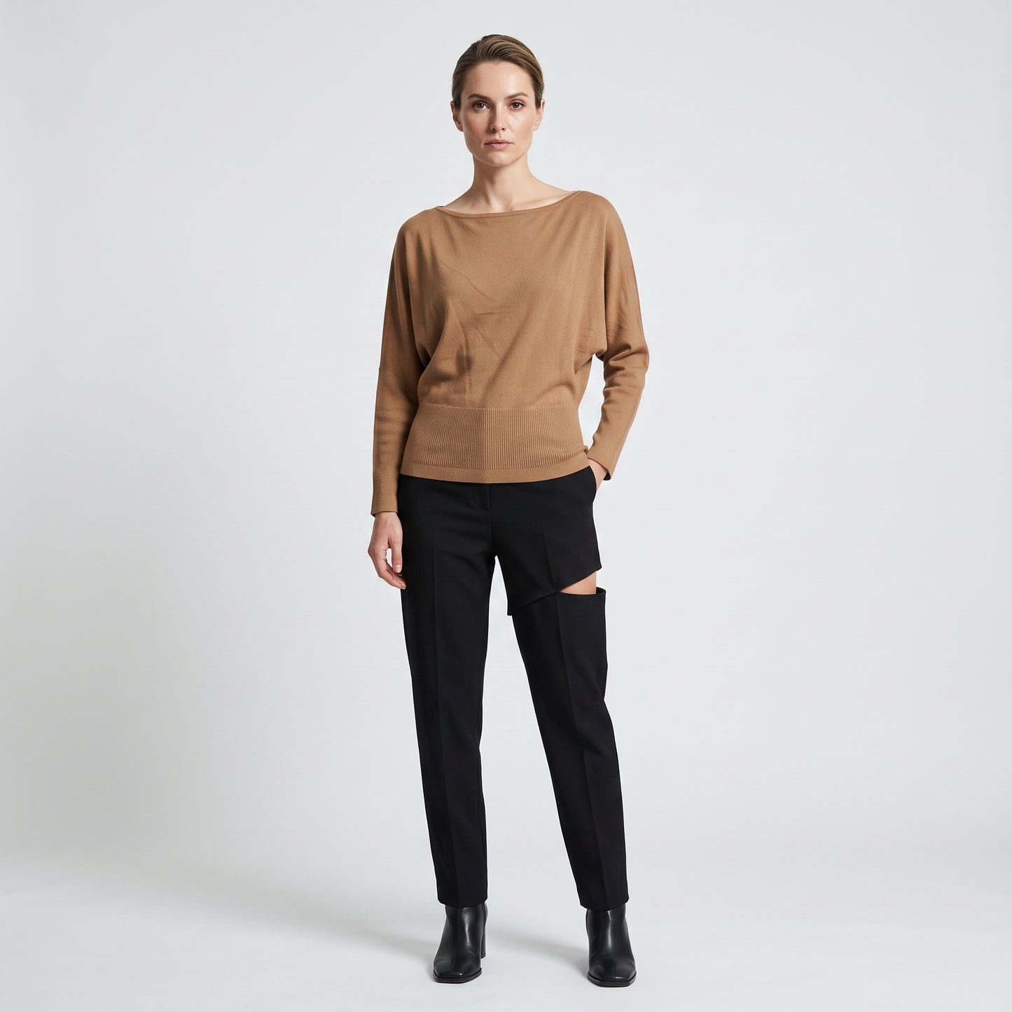 Camel Boat Neck Knit Top