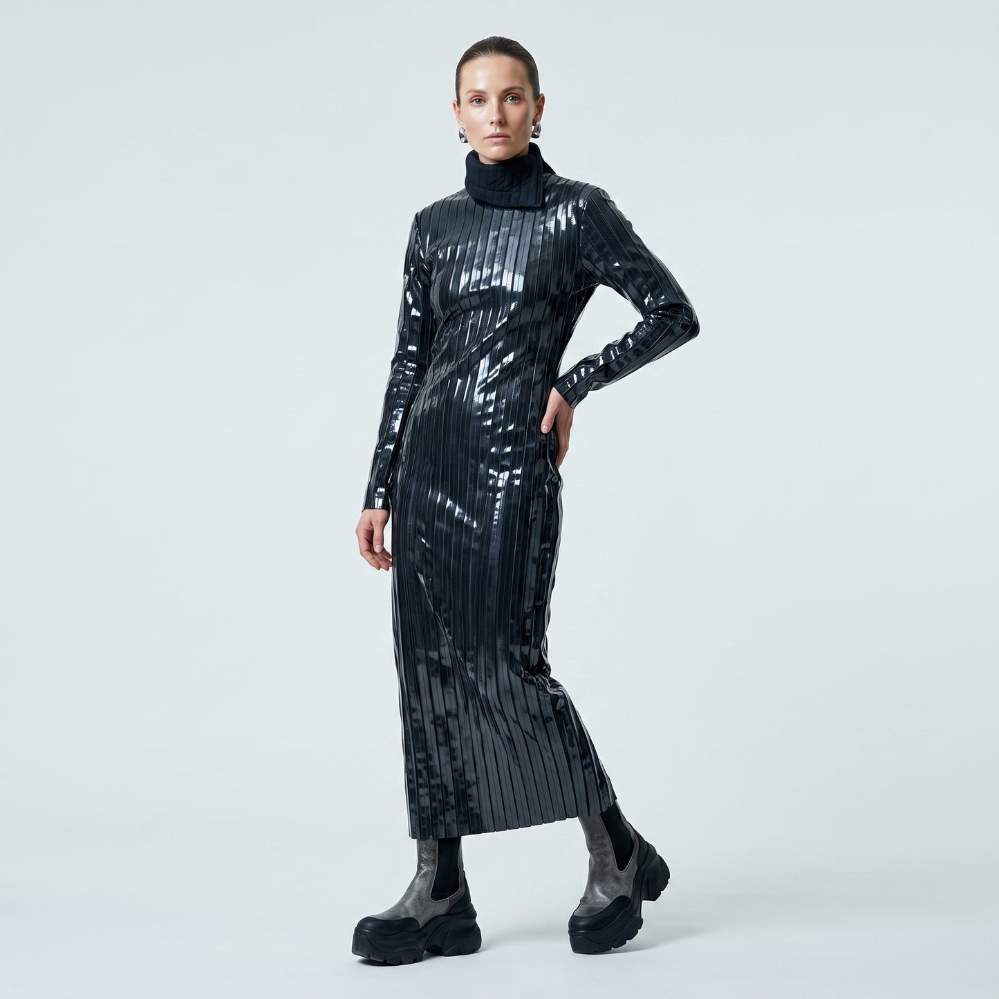 Glossy Pleated Turtleneck Midi Dress