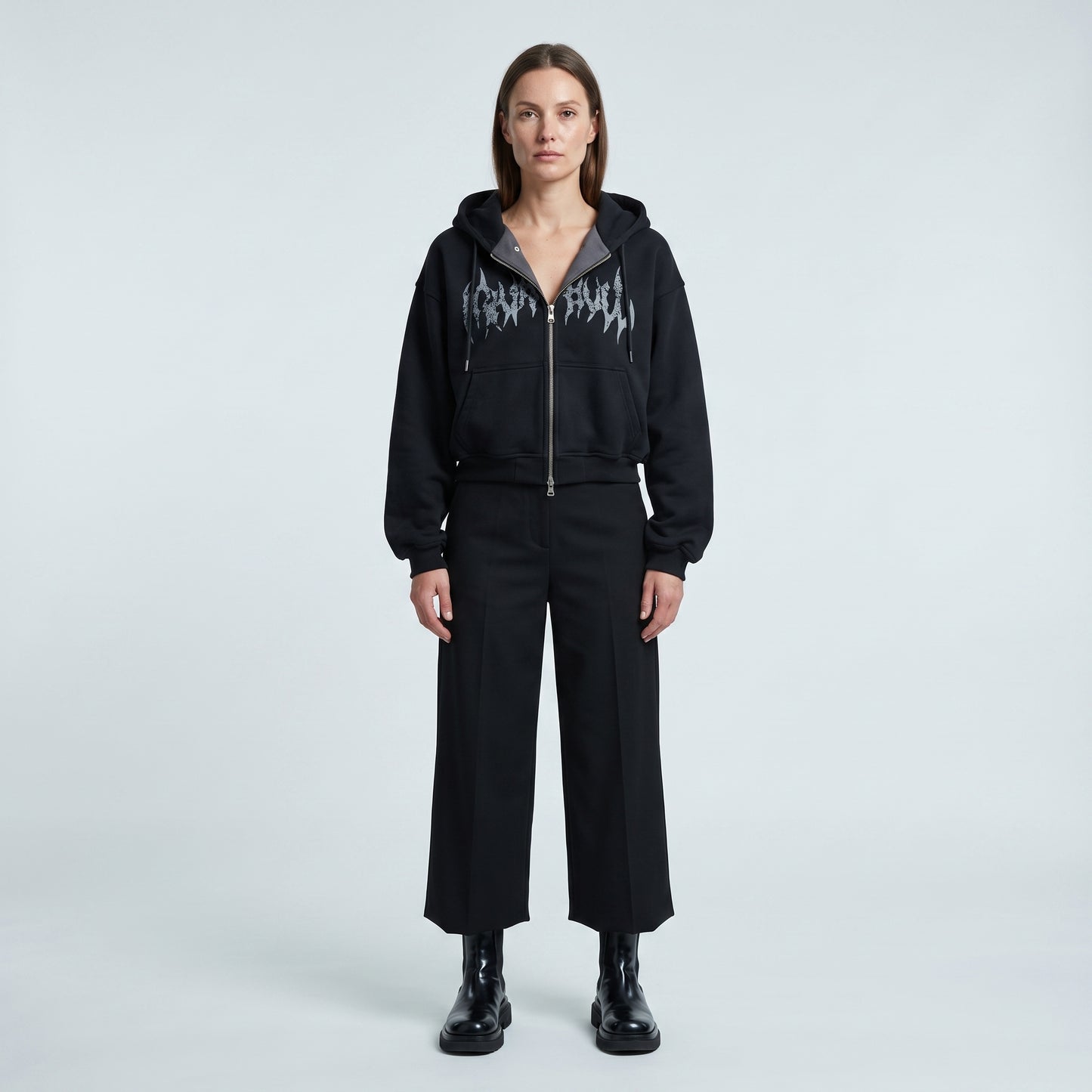 Graphic Zip-Up Cropped Hoodie
