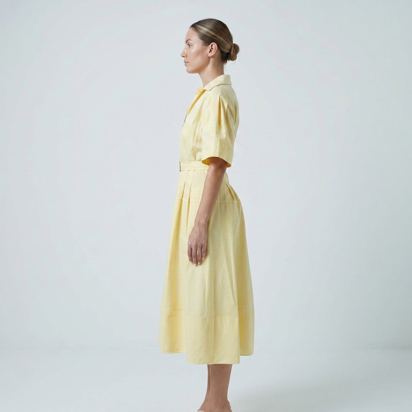 Belted Yellow Collared Midi Dress