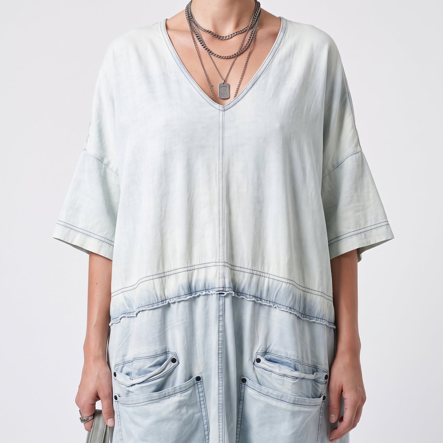 Ombre V-Neck Denim Midi Dress
