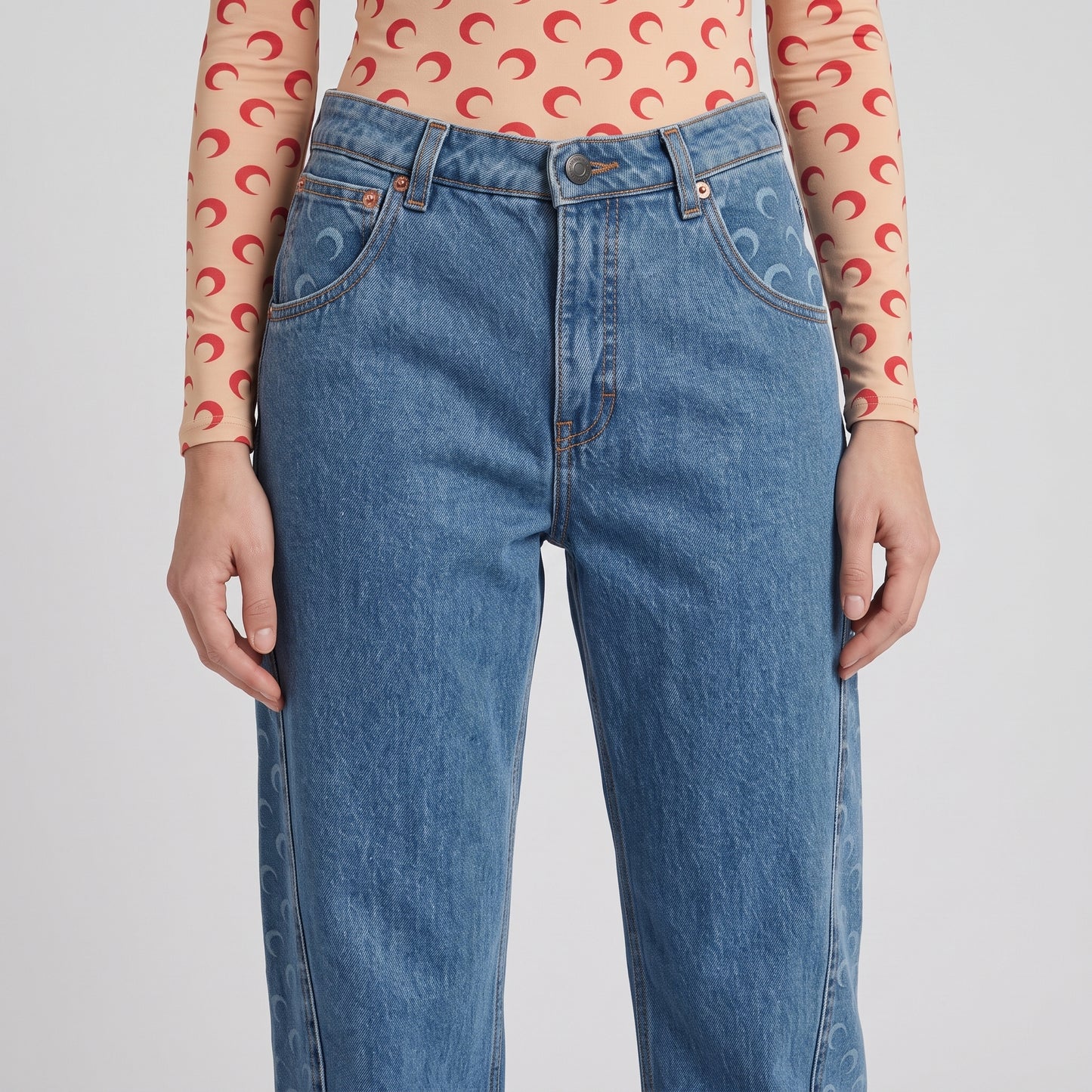 Moon Print Panel Denim Jeans