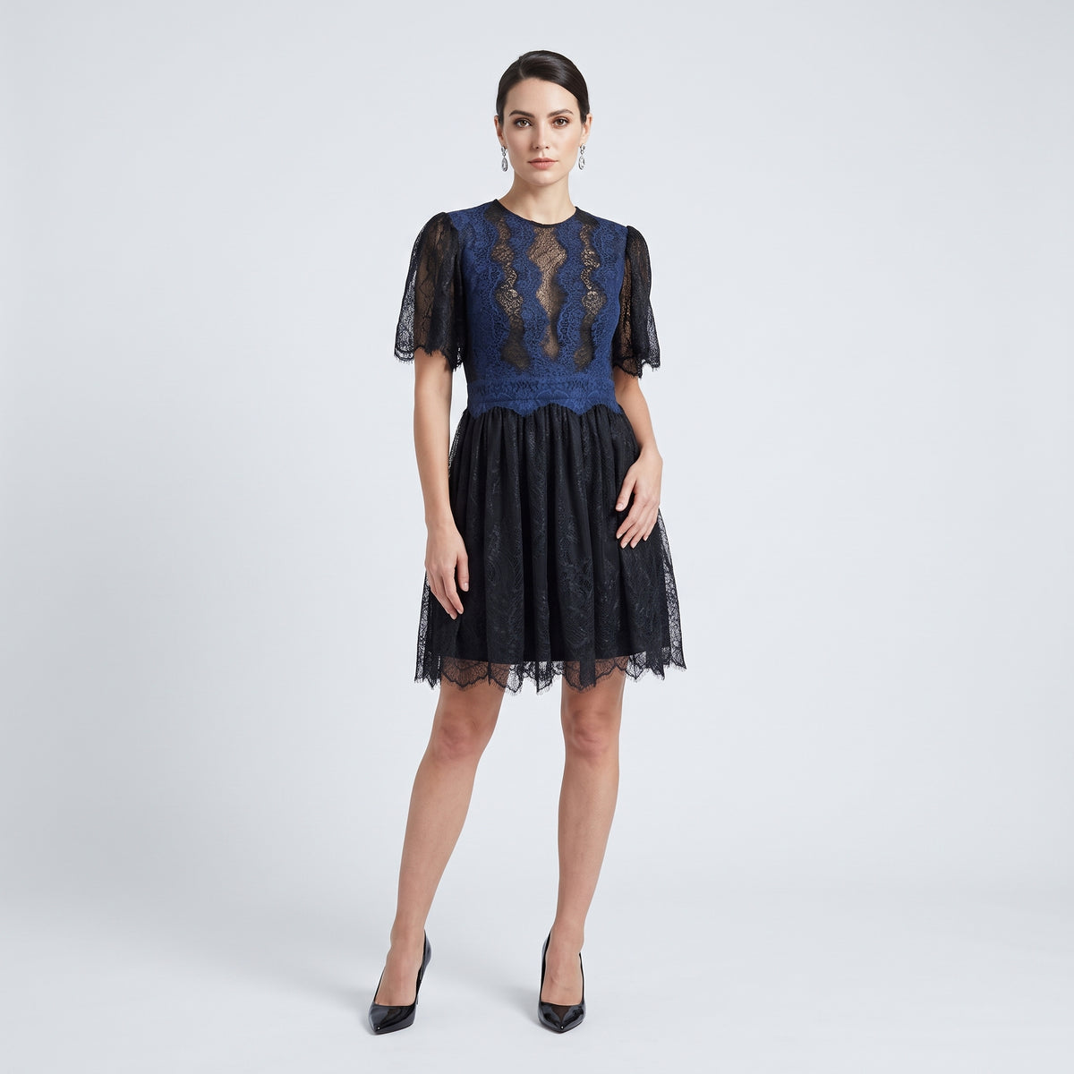 Two-Tone Embroidered Lace Mini Dress