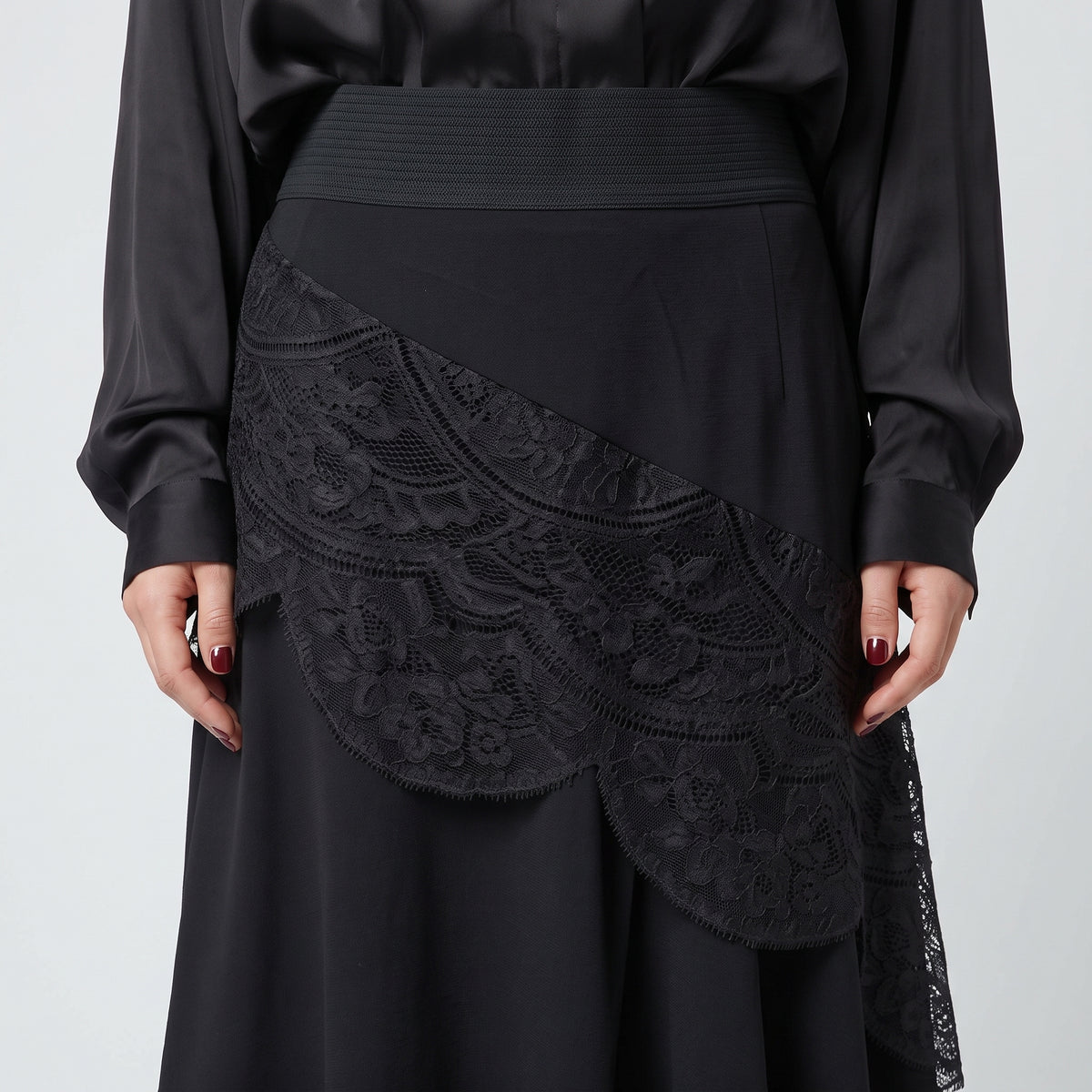 Asymmetric Lace Detail Midi Skirt