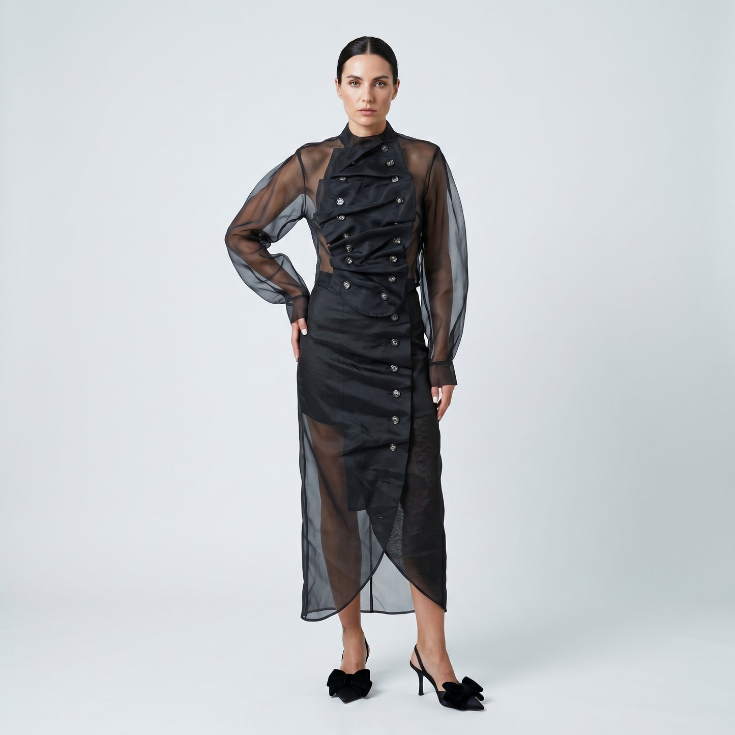 Sheer Double-Breasted Draped Top