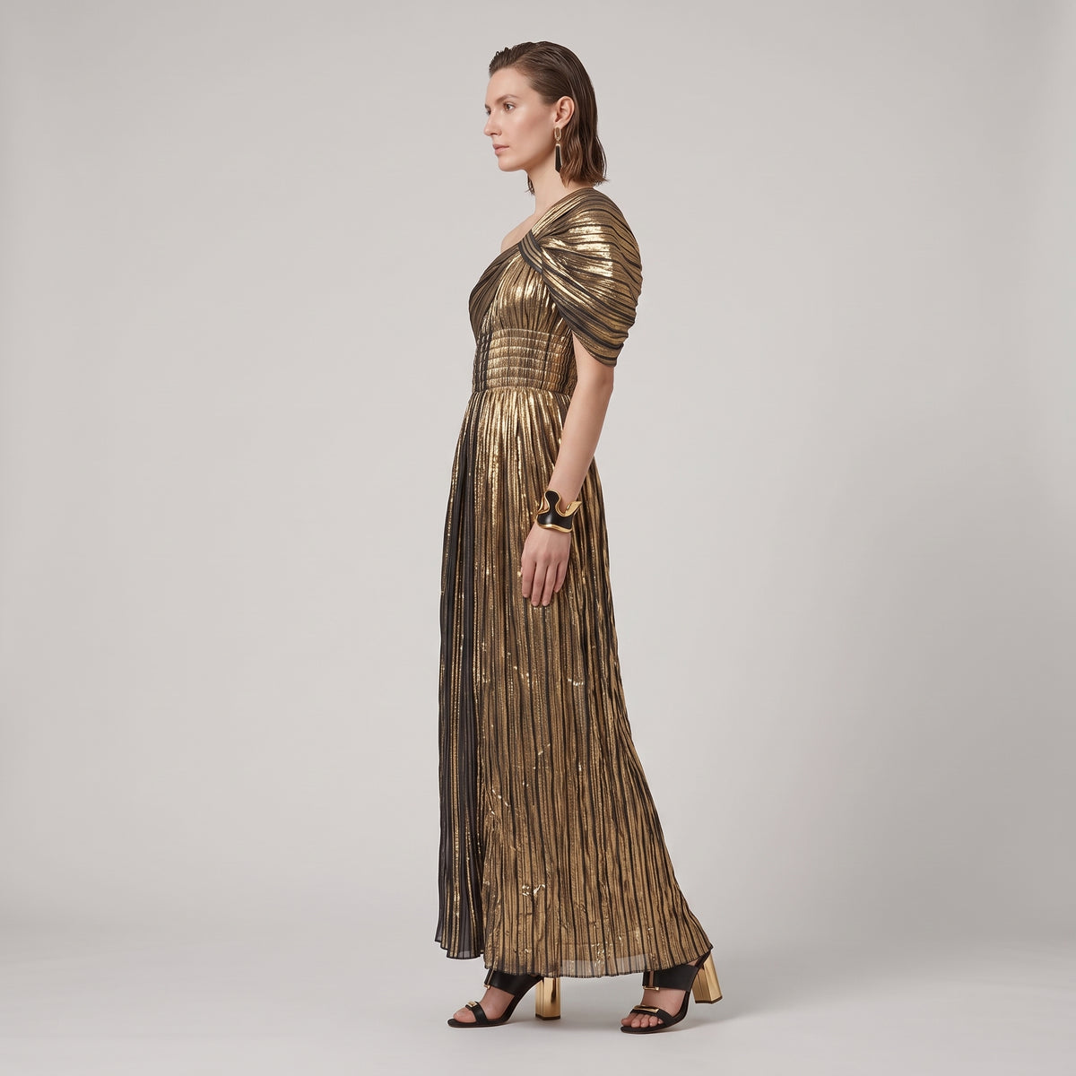 Metallic Pleated One-Shoulder Dress