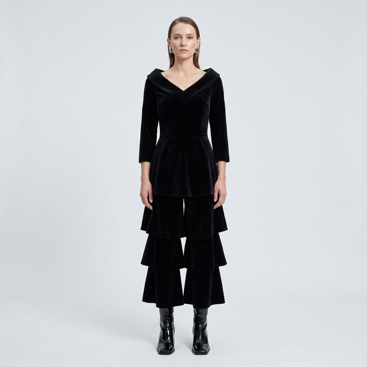Black Tiered Velvet Jumpsuit