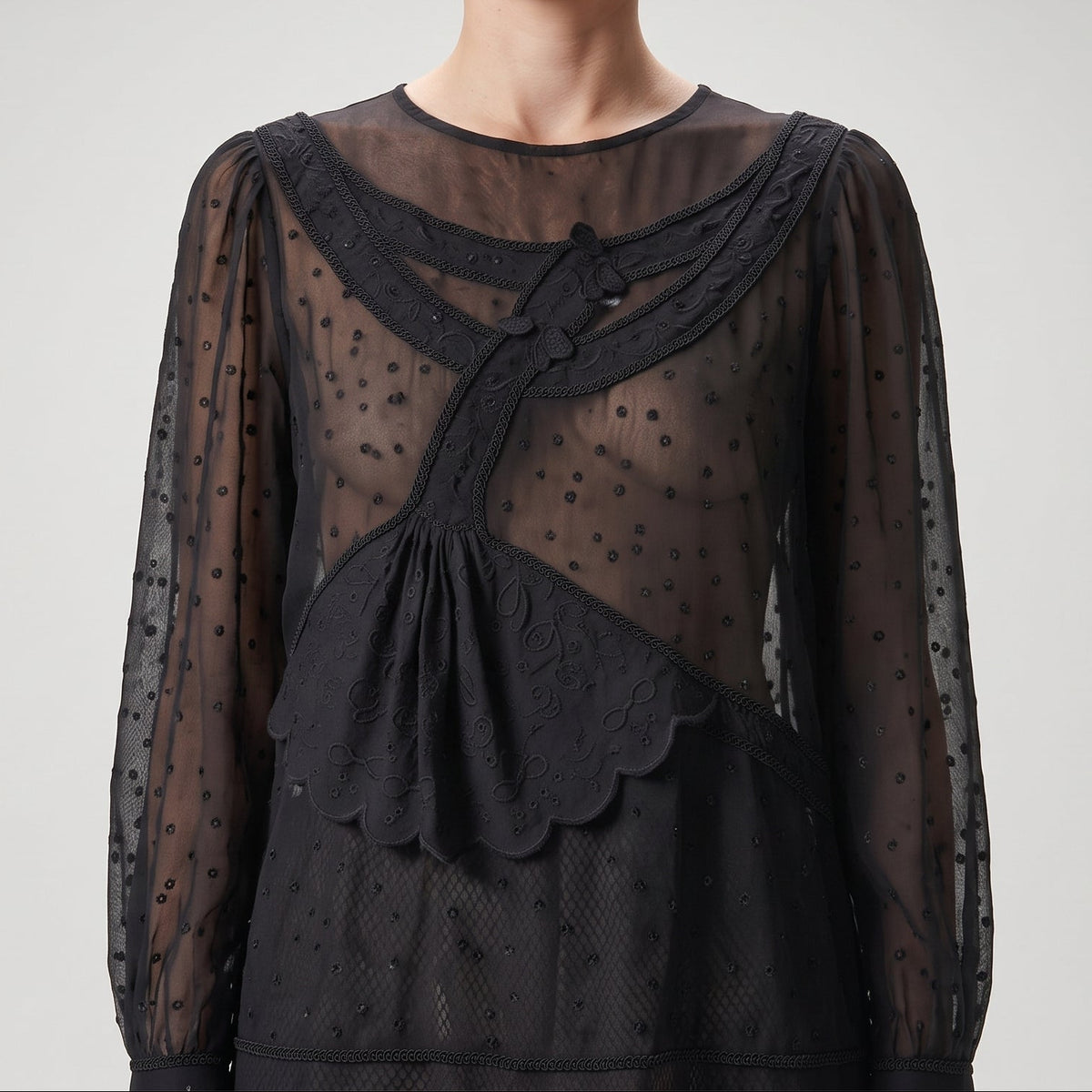 Embroidered Sheer Long Sleeve Blouse