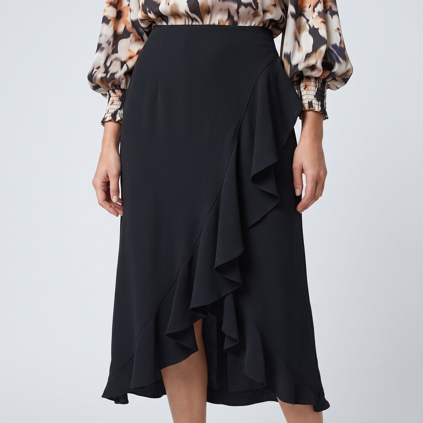Elegant Black Ruffled Midi Skirt