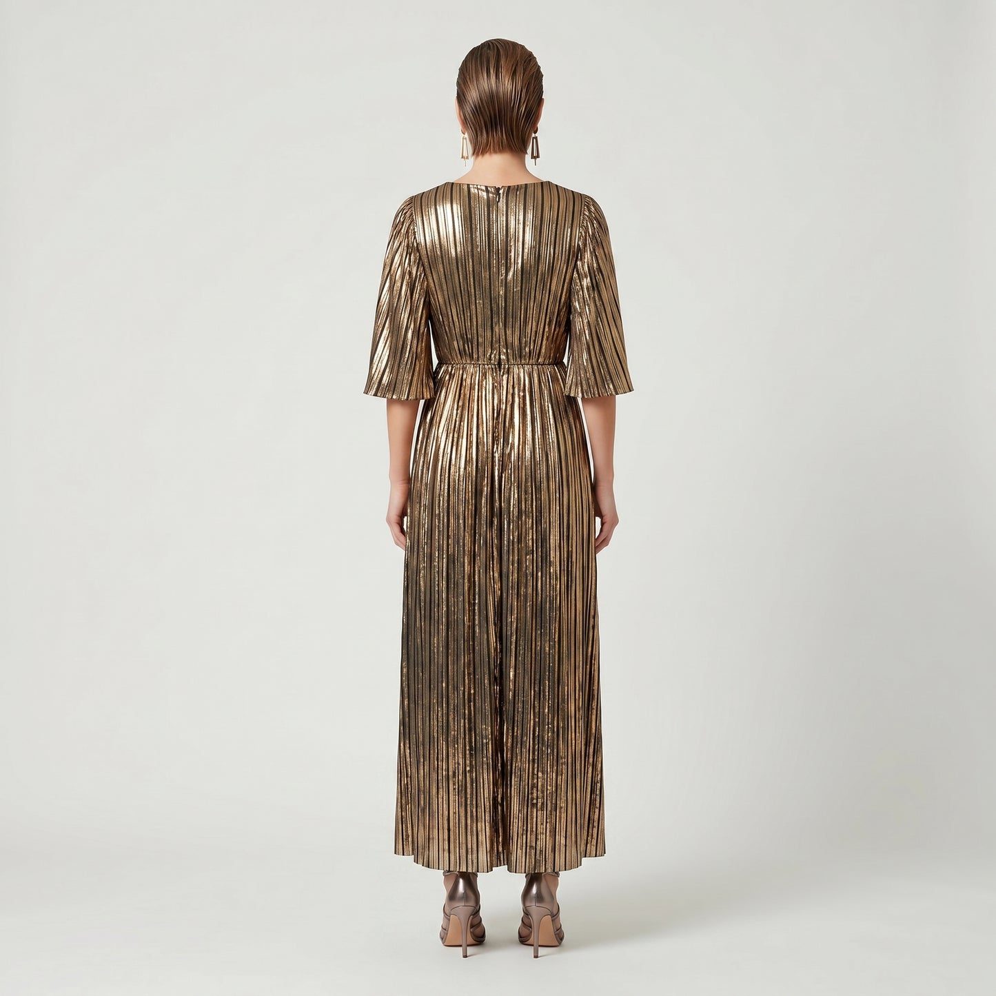 Metallic Pleated Gold Midi Dress
