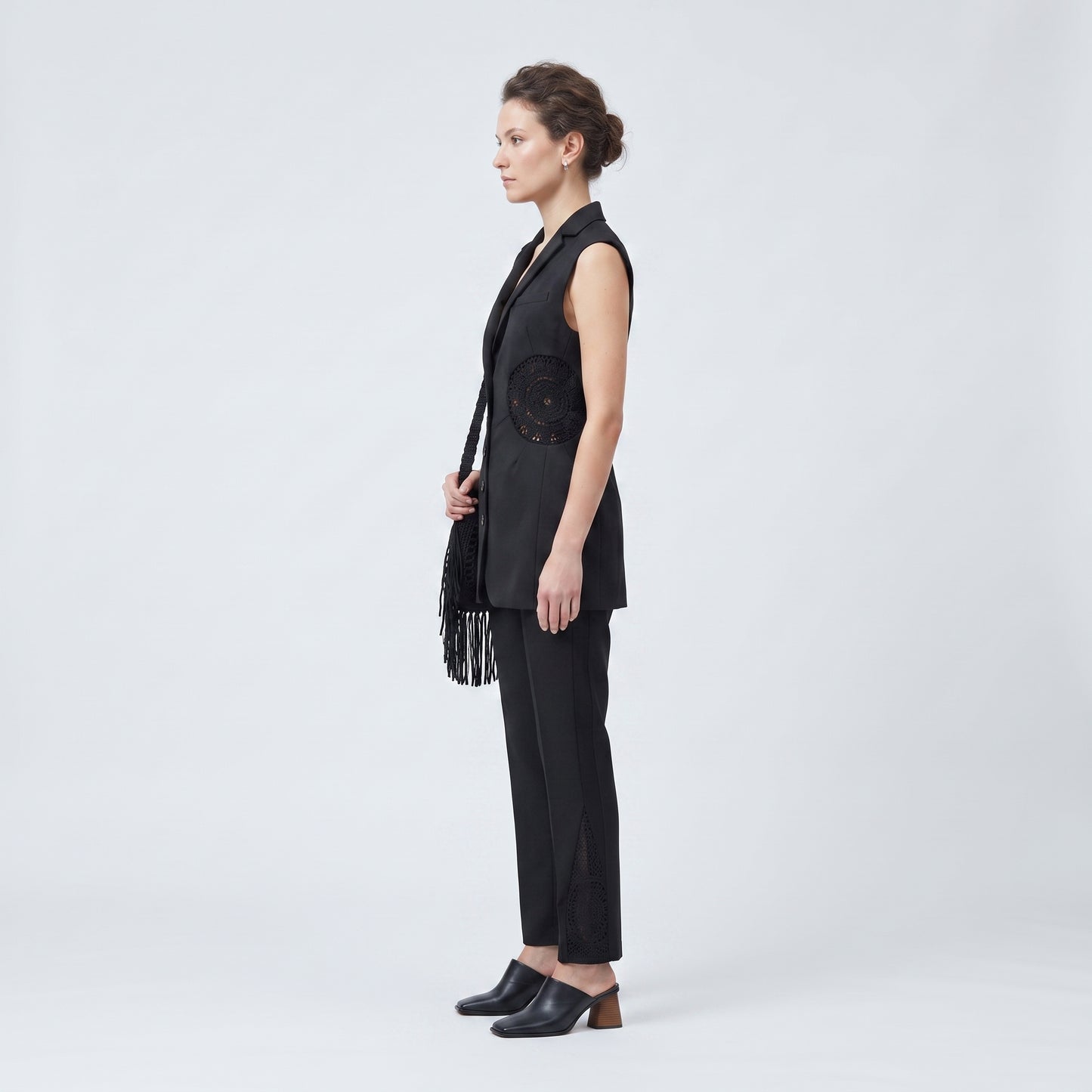 Tailored Lace-Paneled Black Vest