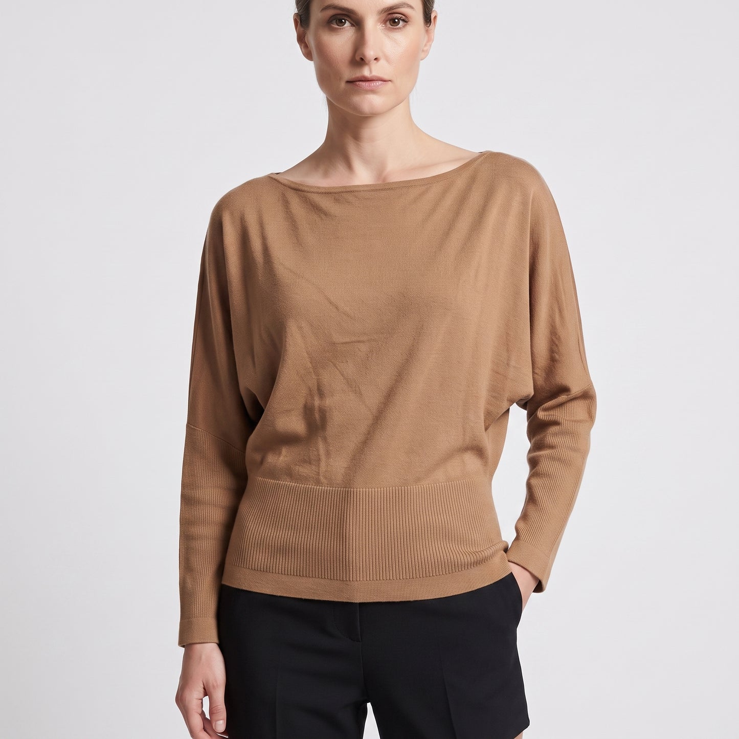 Camel Boat Neck Knit Top