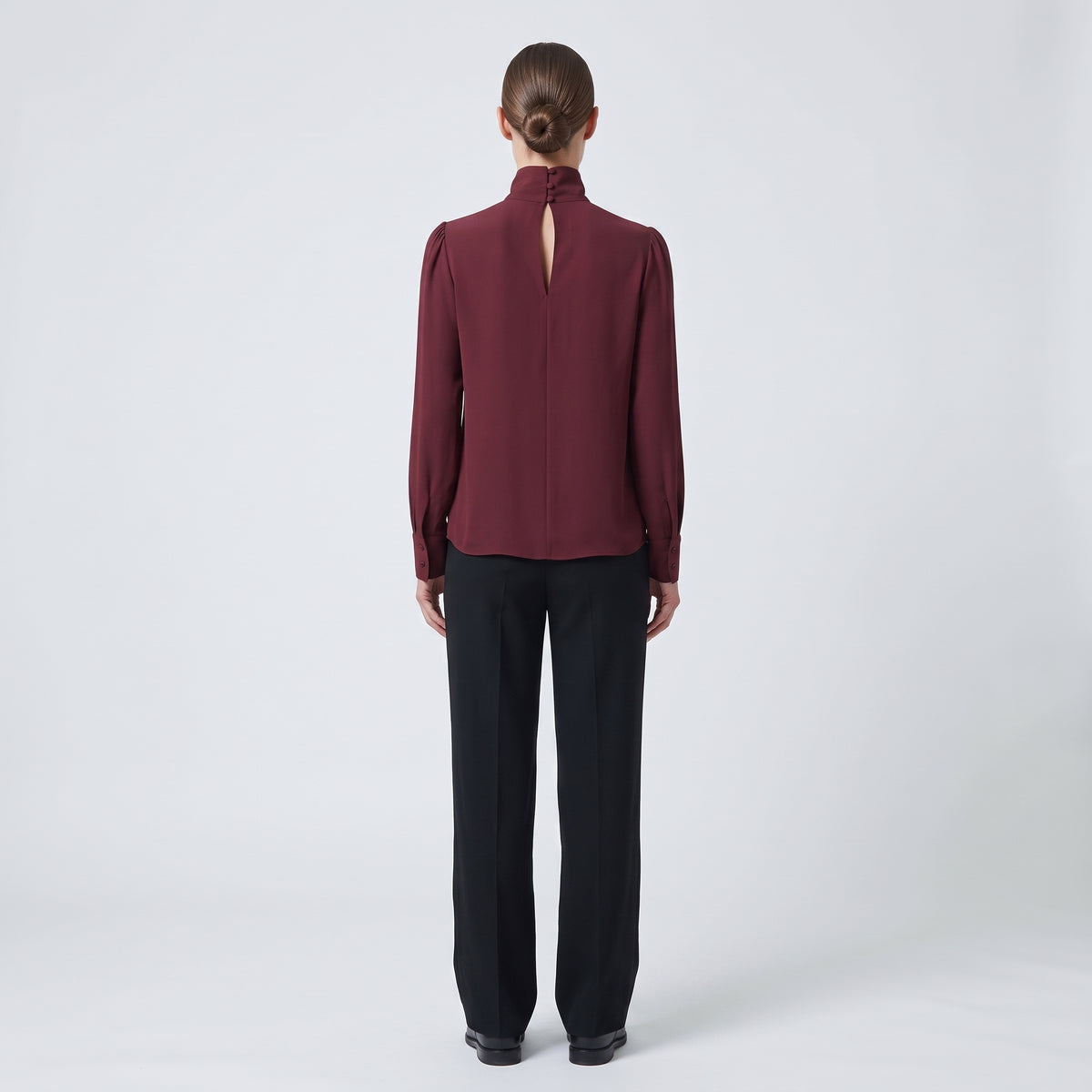 Burgundy High-Neck Pleated Blouse