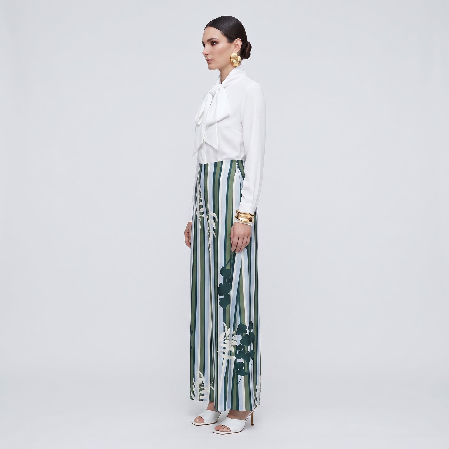 Striped Botanical Wide-Leg Trousers
