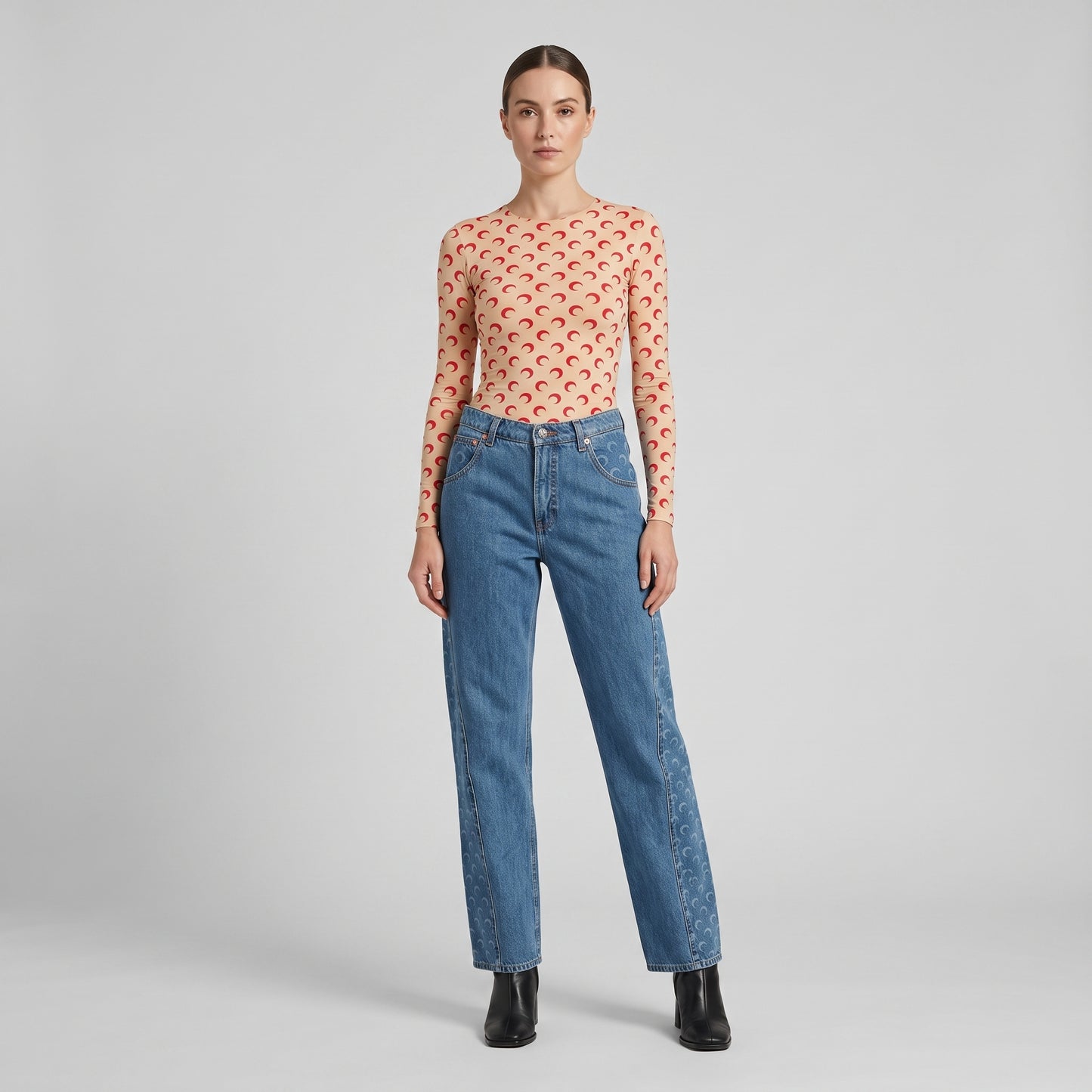 Moon Print Panel Denim Jeans