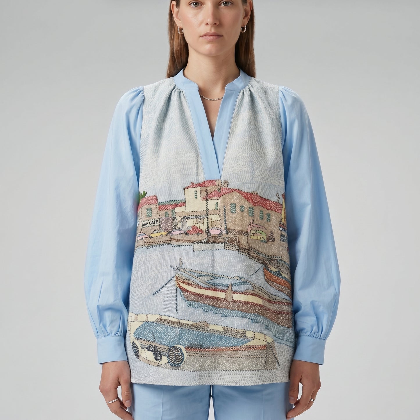 Embroidered Coastal Scene Blouse