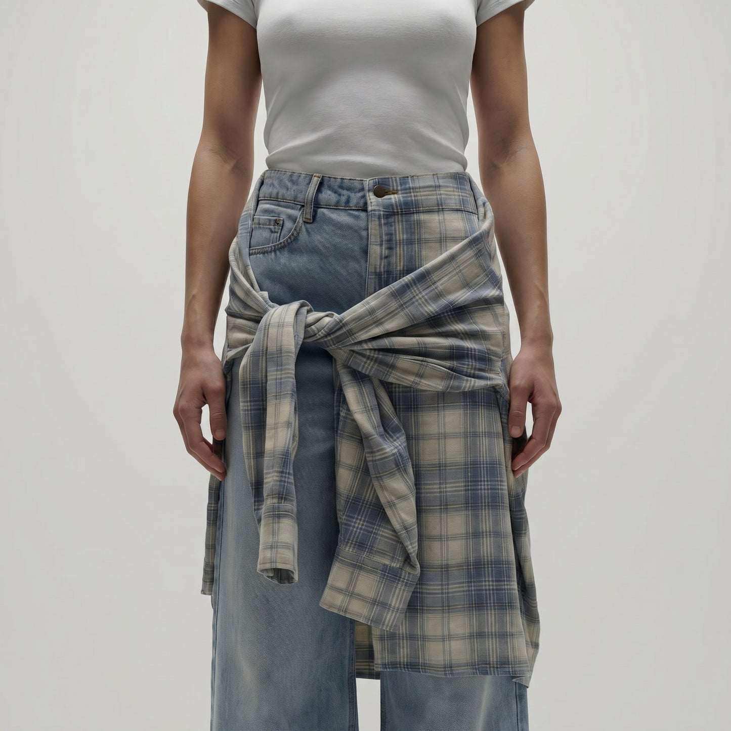 Layered Plaid Wide Leg Jeans