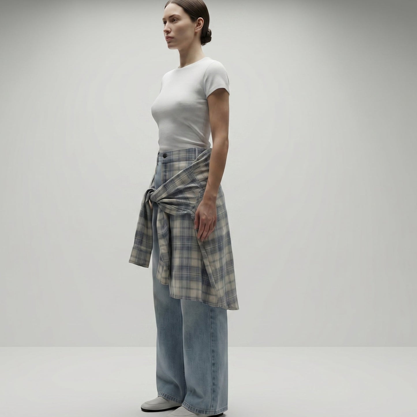 Layered Plaid Wide Leg Jeans
