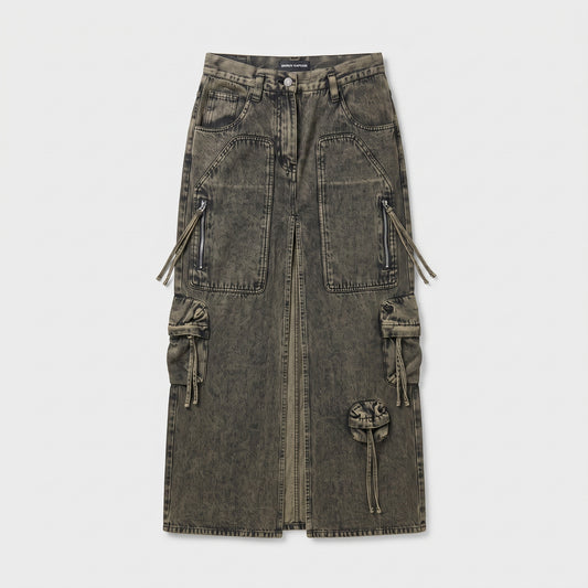 Acid Wash Denim Cargo Skirt