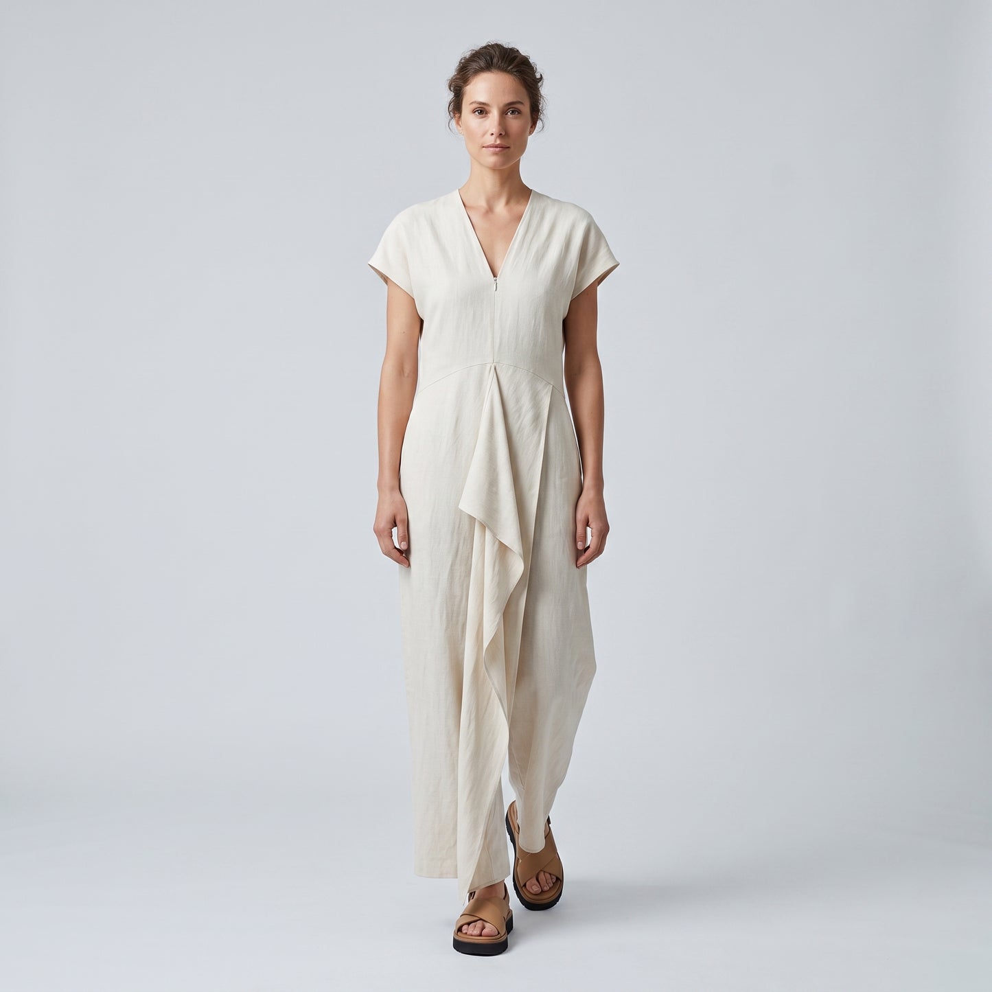 Draped Linen Midi Dress