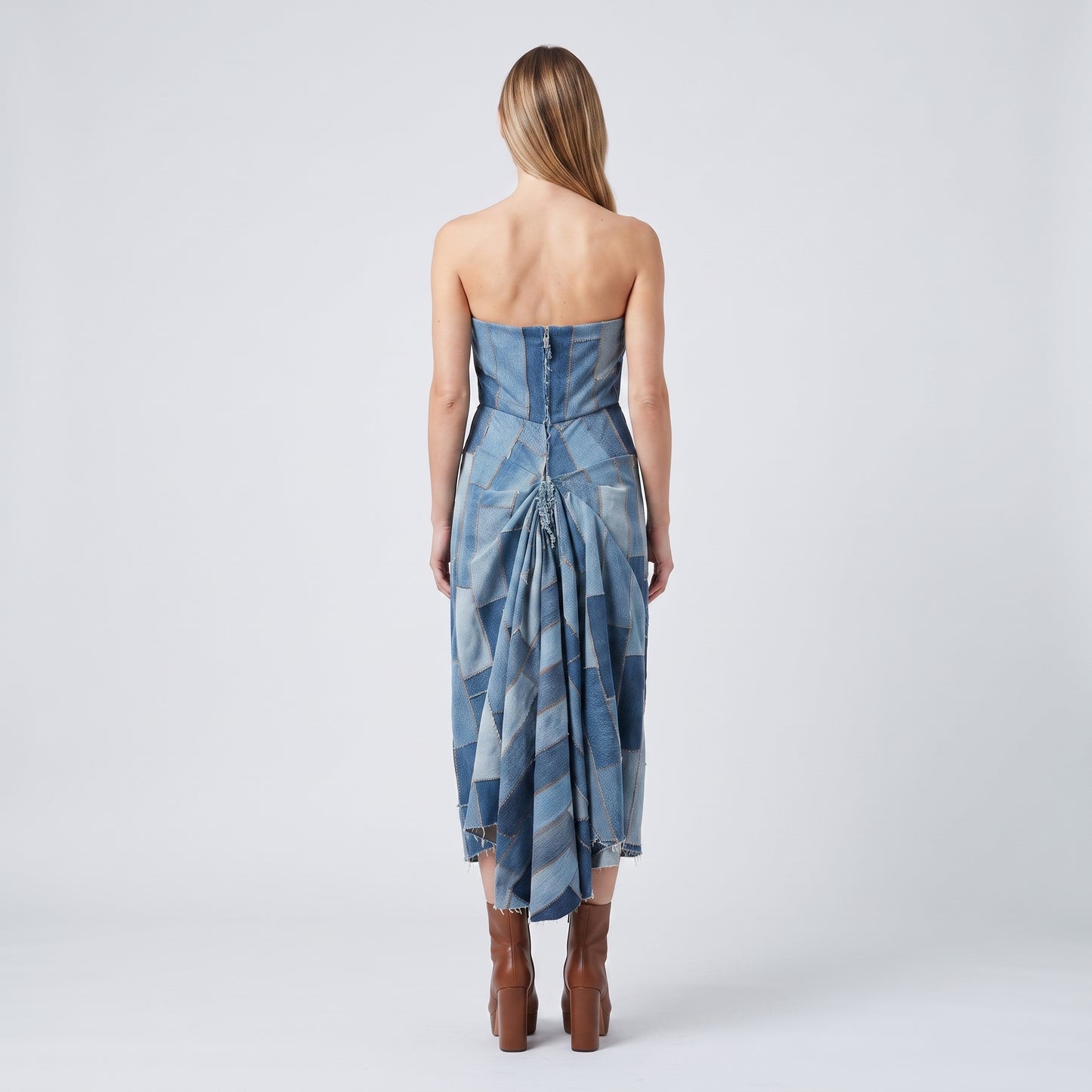 Patchwork Denim Strapless Midi Dress