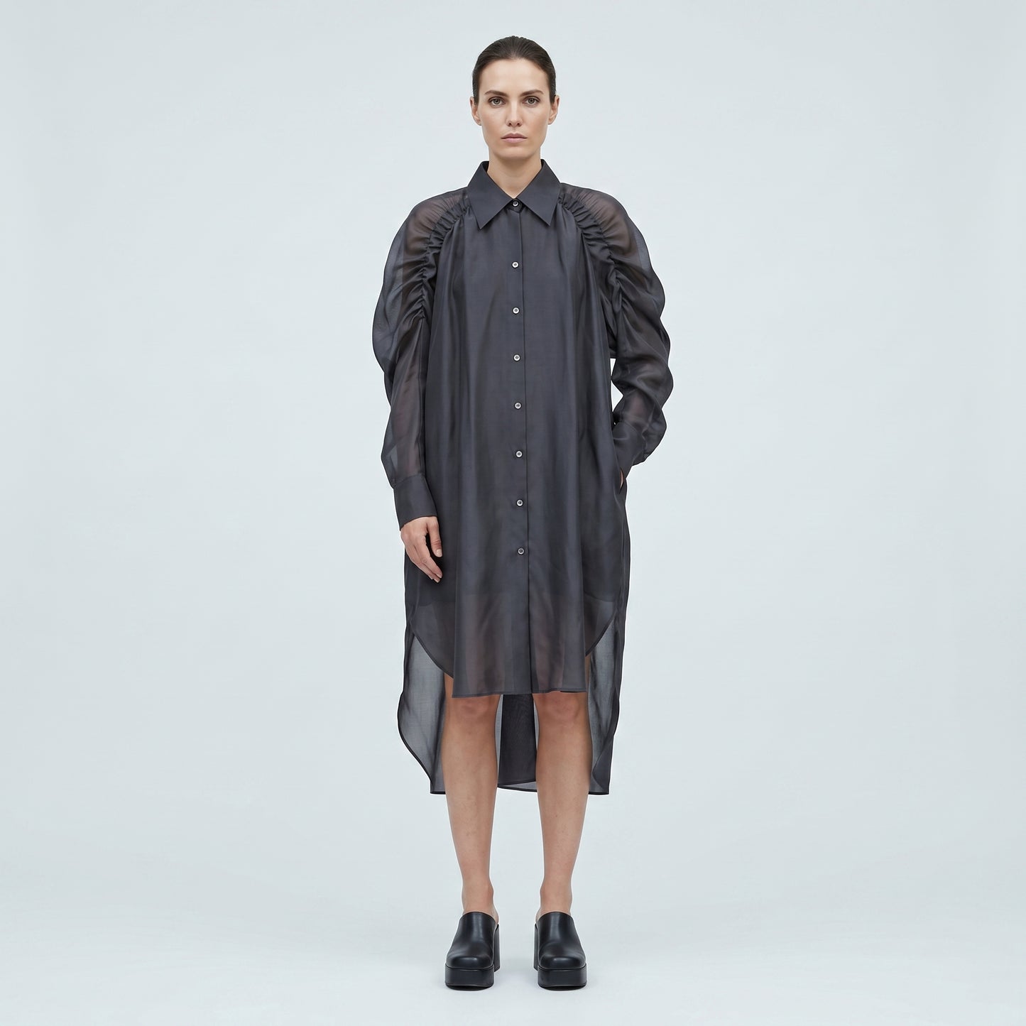 Sheer Gathered Sleeve Tunic Shirt