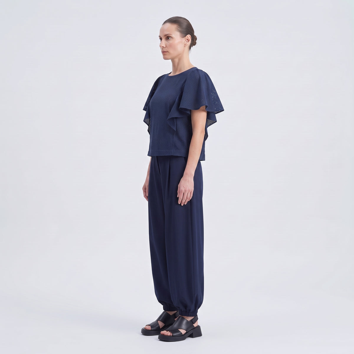 Navy Eyelet Ruffle Sleeve Top