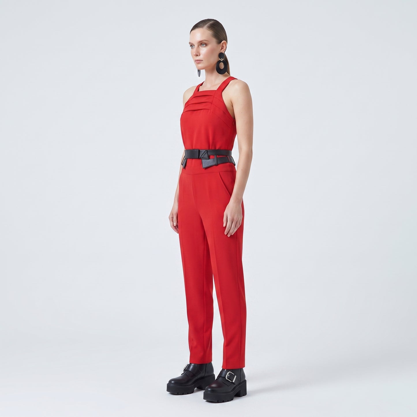 Tailored Pleated Red Jumpsuit