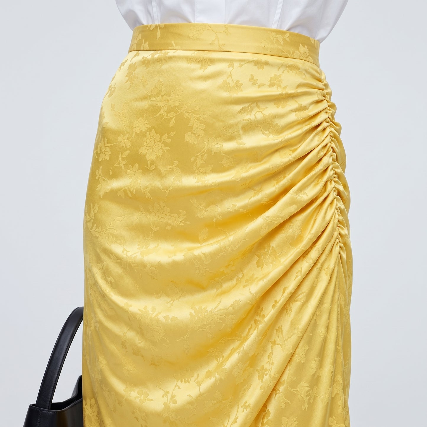 Ruched Floral Satin Midi Skirt