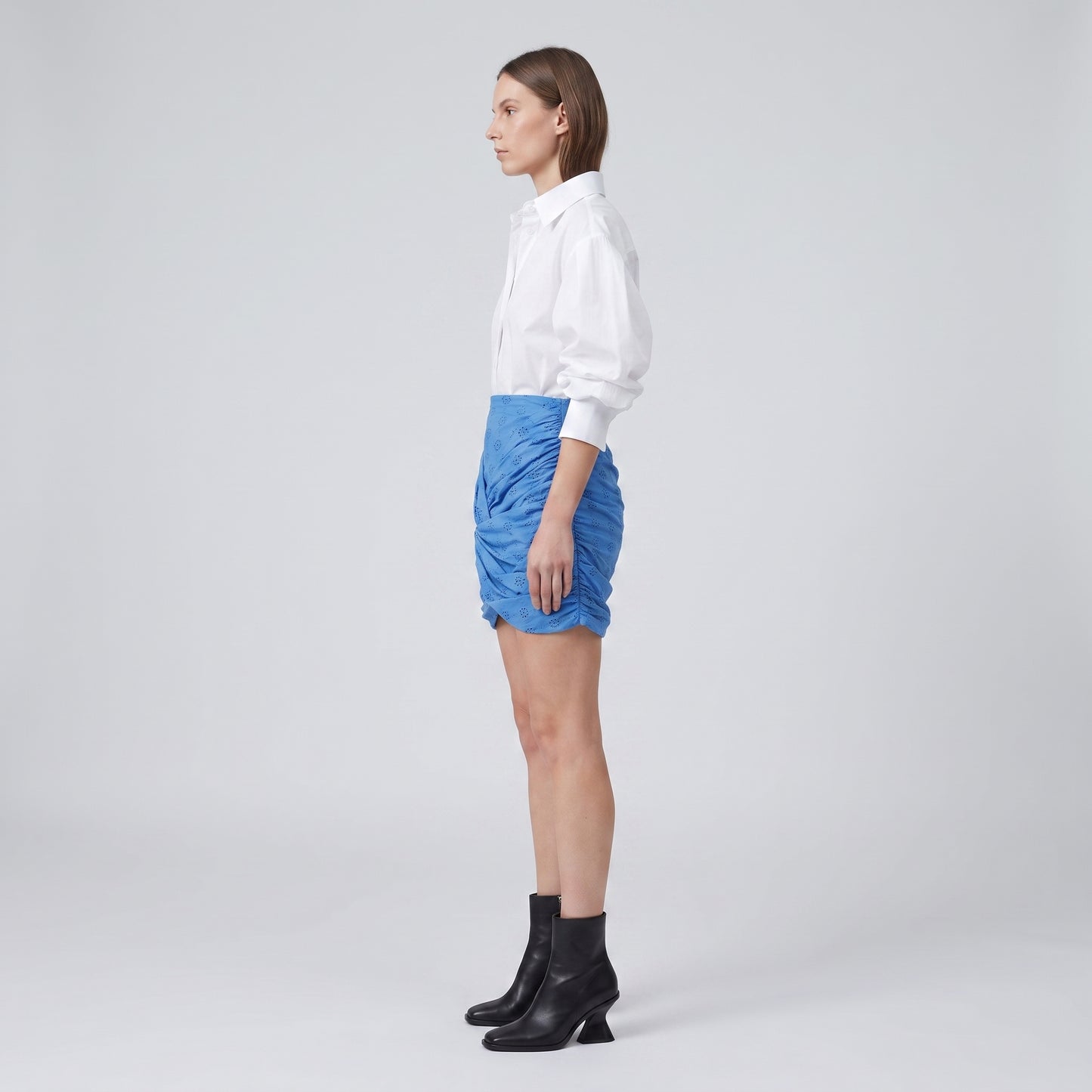 Ruched Eyelet Mini Skirt