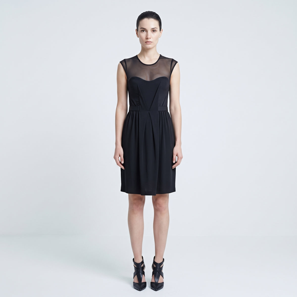 Sheer Yoke Pleated Mini Dress