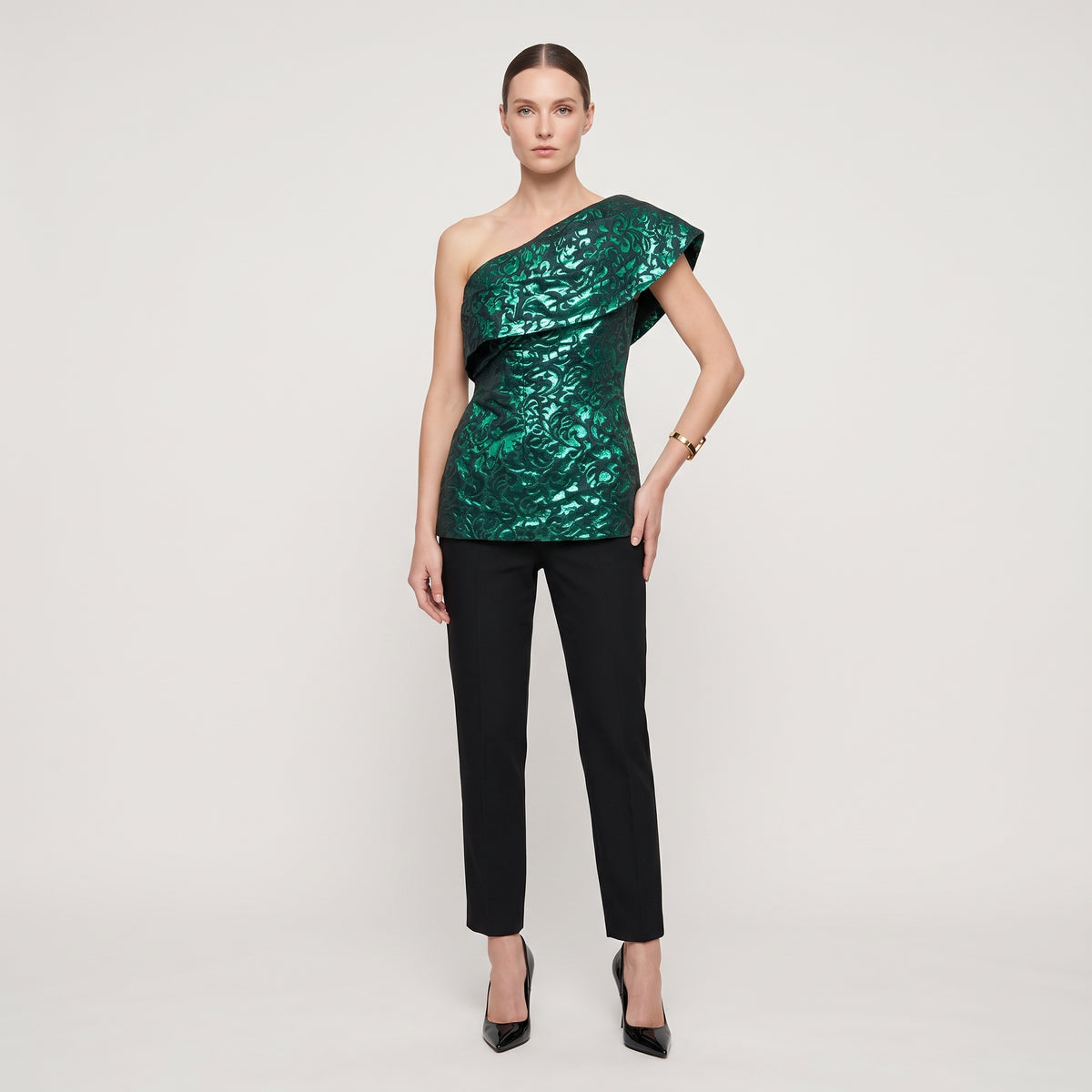 Metallic Brocade One-Shoulder Top