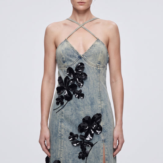 Floral Embellished Denim Midi Dress