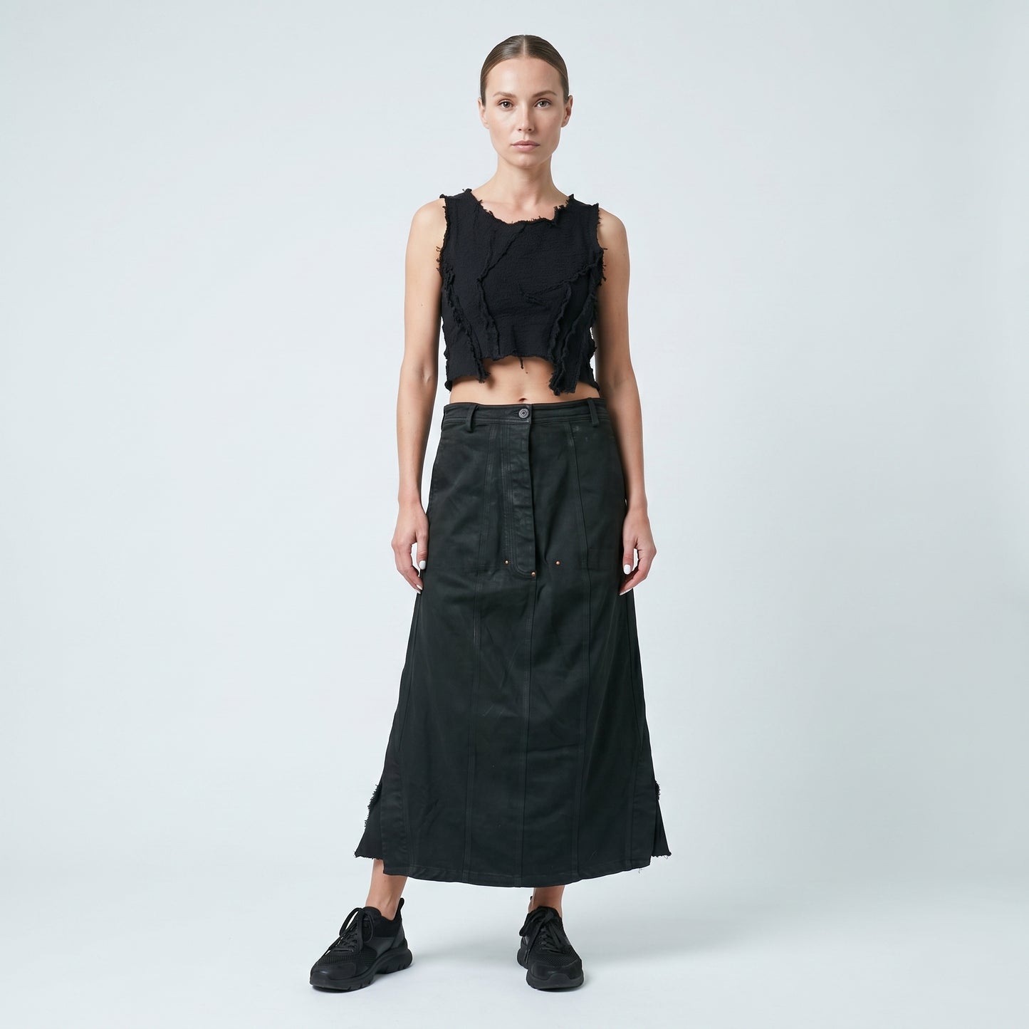 Structured Black Paneled Maxi Skirt