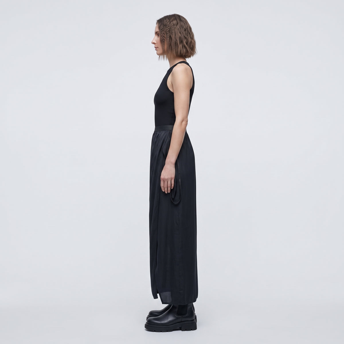 Sleek Black Satin Midi Skirt